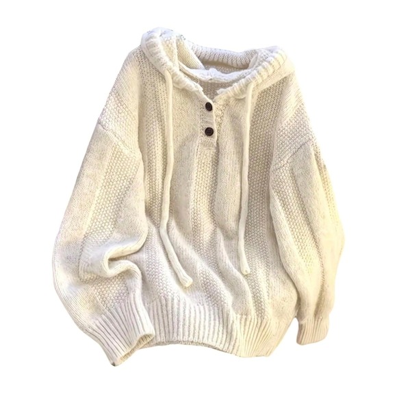 Tops - Womens Cream Chunky Knit Hoodie Oversized Henley Button Sweater Off White